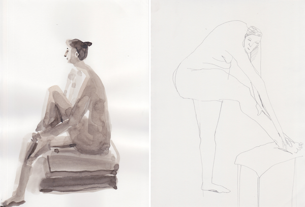 A watercolour drawing of a person sitting on a chair with their hands around their bent left leg. > A pencil sketch of a person stretching their right leg on a footstool.