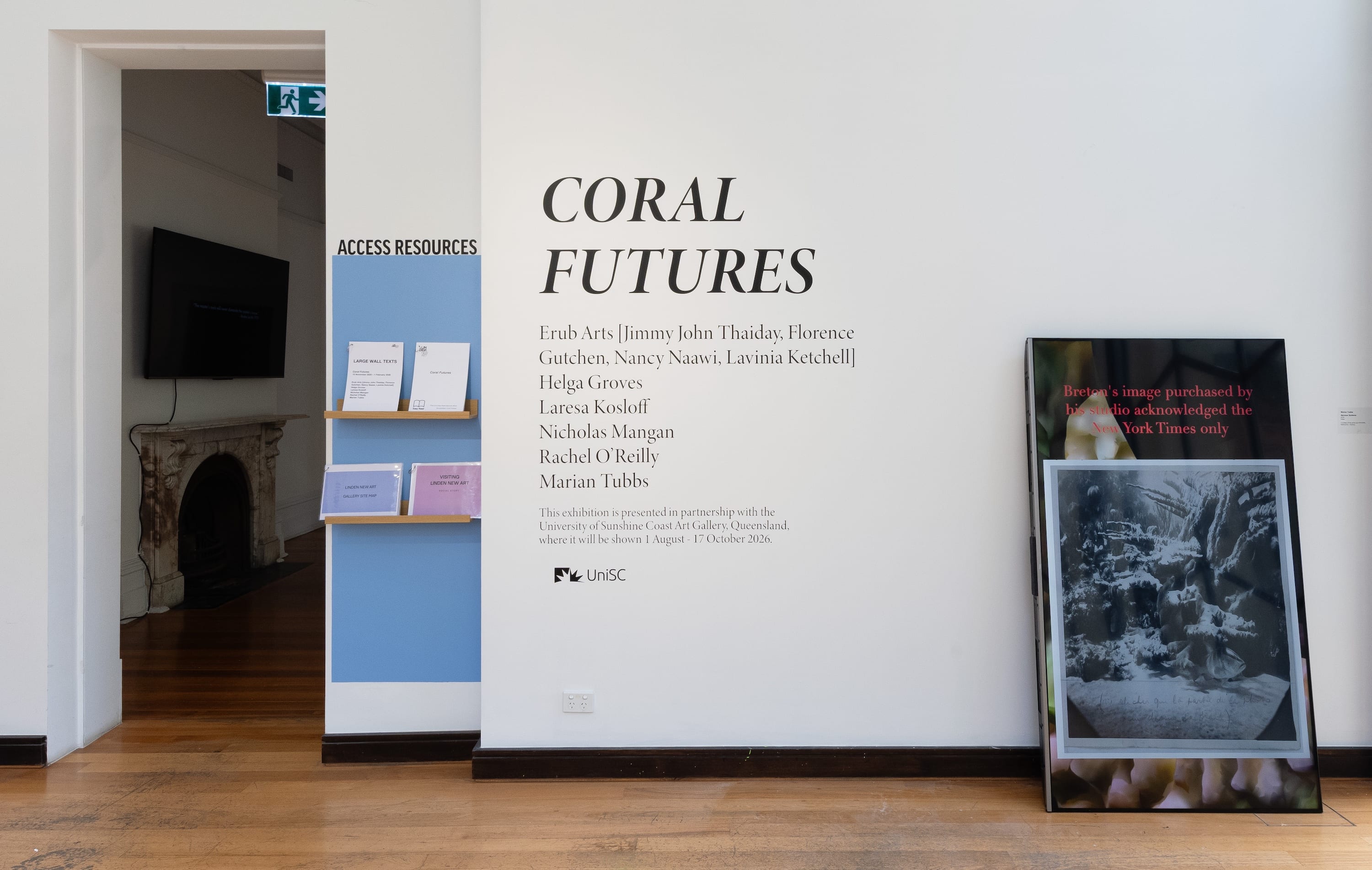 The image shows an art gallery wall with text and decorative elements. On the left side, there is a partially visible doorway leading into another room, which includes a flat-screen monitor mounted on the wall next to a decorative fireplace with an ornate design. Adjacent to the doorway, a part of the wall is painted blue and labeled "ACCESS RESOURCES" with brochures or pamphlets displayed on small wooden shelves. Centered on the white wall to the right, bold black text reads "CORAL FUTURES," followed by a list of artists' names.